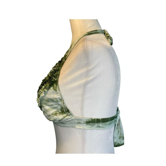 Lucky Brand Ruffle Triangle Bikini Top Olive Green White Tie Dye Swimsuit S - Picture 3 of 4